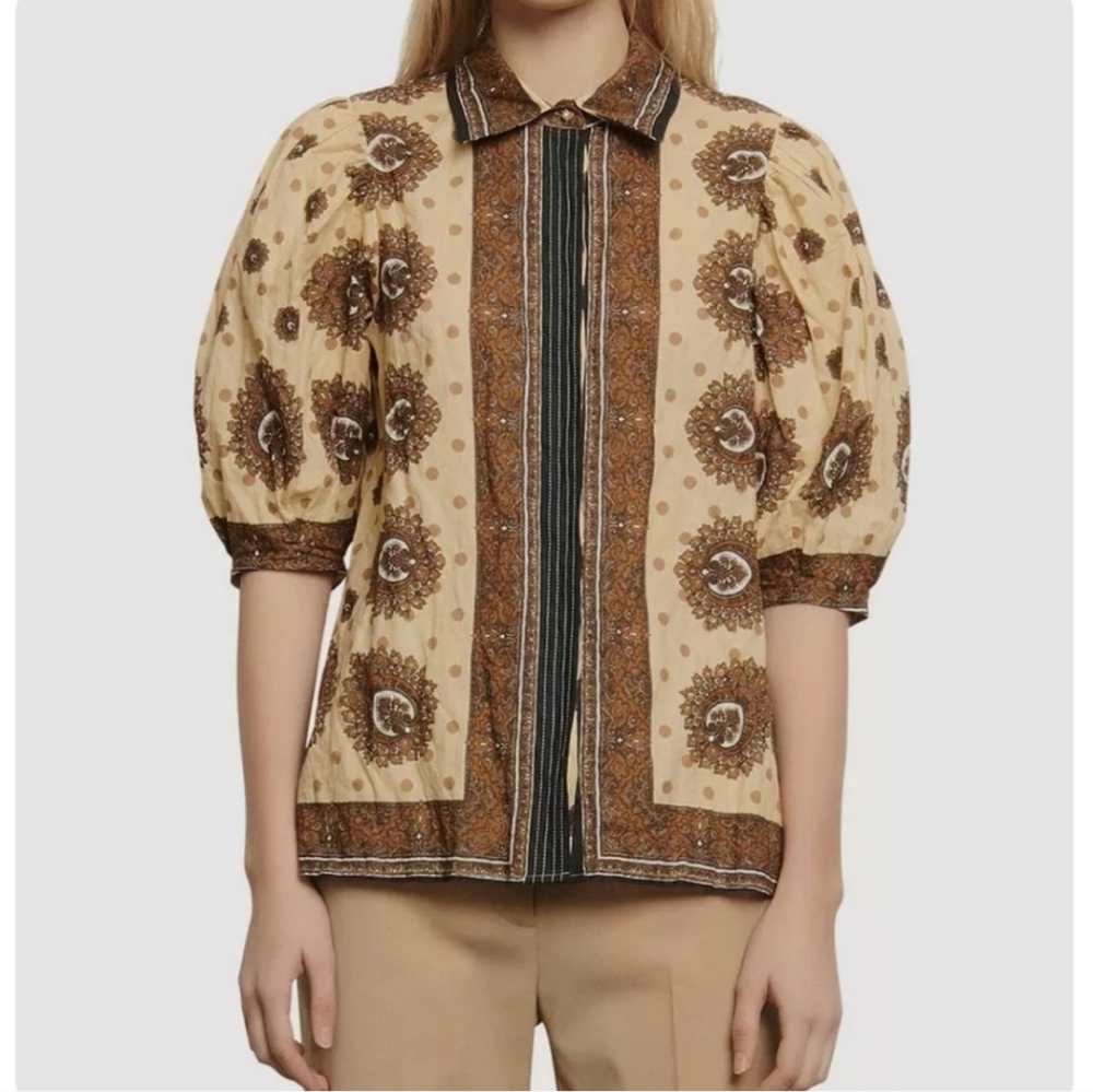 Sandro Paris Sahari Printed Button Down Shirt Puff Sleeve Size 1 Small